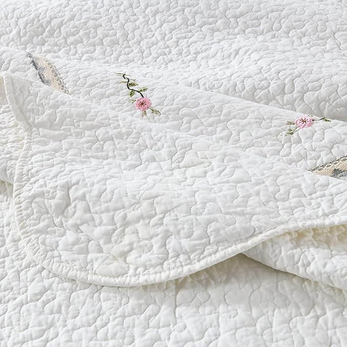MarCielo 3-Piece 100% Cotton Oversized Bedspread Lightweight Quilt Coverlet Embroidery Farmhouse Bedding Set (Sakura White, Oversized Queen (100"x106"))-Ruum Studio Home