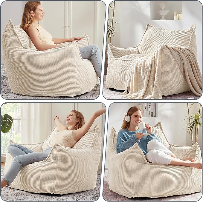 Giant Bean Bag Chair Sofa for Adults Teens, Comfy Corduroy Large Bean Bag Chairs with Armrests for Bedroom Living Room, Adult BeanBag Lazy Sofa Couch Chairs with Filler Included-Ruum Studio Home