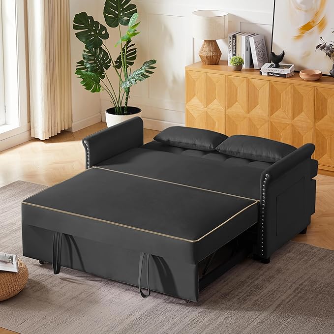 58" Velvet Sofa Bed, 3-in-1 Convertible Pull-Out Sleeper Sofa & Couch with Storage Bag and Adjustable Backrest,Perfect for Small Spaces, Living Room, or Office-Ruum Studio Home