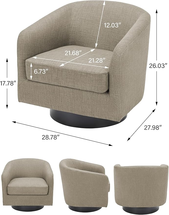 Swivel Barrel Accent Chair, Modern Round Linen Arm Chair for Living Room, Bedroom, Comfy Club Reading Chairs for Adults-Linen Fabric Light Brown, 1SEAT-Ruum Studio Home