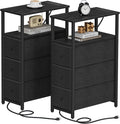 TUTOTAK Narrow Night Stand with Charging Station, Slim End Table with Plugins, Tall Side Table with 3 Fabric Drawer, Small Bedside Table with Storage, Set of 2, Living Room, Bedroom, Black TB01BK073-Ruum Studio Home