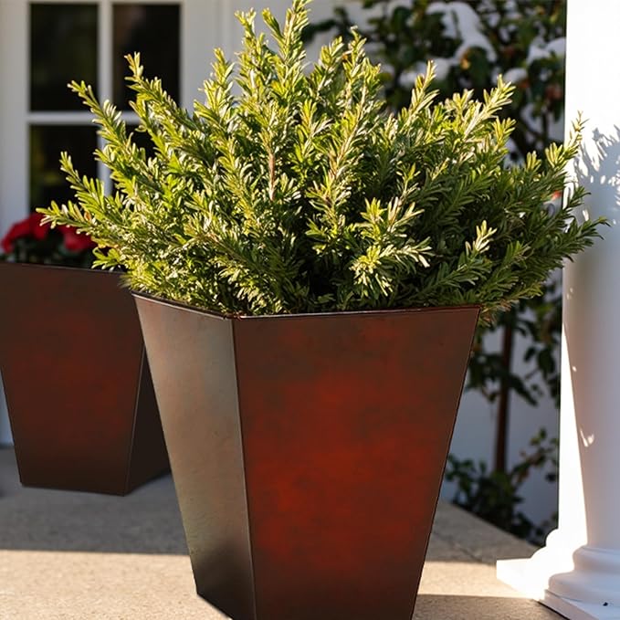 Worth Garden Large Metal Glazed Floor Planter Set of 2-14" Dia x 18" H - Luxurious Glossy Finish Red Tall Square Tapered Steel Plant Pots, Decor Flower Pot Indoor & Outdoor, Drainage Hole-Ruum Studio Home
