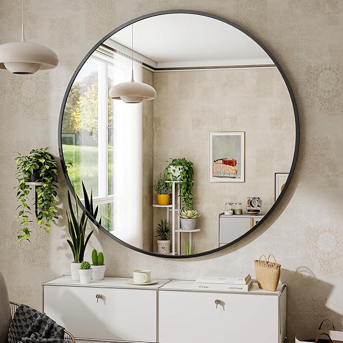 BEAUTYPEAK 48 Inch Round Mirror, Metal Frame Circle Mirror, Wall Mounted for Entryway, Bathroom, Vanity, Living Room, Black-Ruum Studio Home