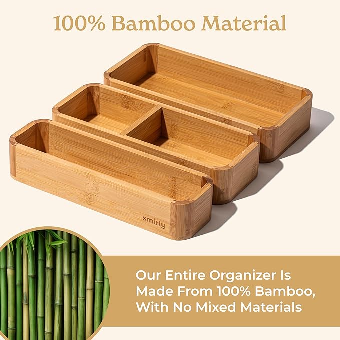 SMIRLY 3-Piece Bamboo Kitchen Drawer Organizer Set for Large and Small Utensils, Multi-use Storage Box - Bathroom, Nightstand, Jewelry, Cutlery, Knife, Spice, Towel, Junk Drawer Tray-Ruum Studio Home
