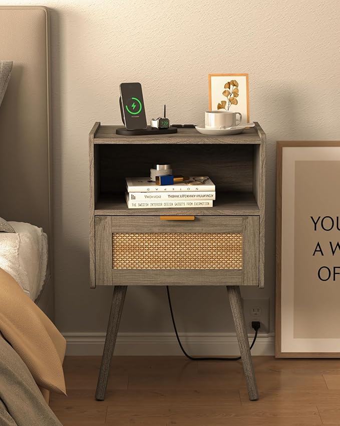 Rattan Nightstand with Outlet,Modern Bedside Table with Storage Drawer and Open Wood Shelf, for Living Room, Bedroom and Small Spaces, Accent Night Stand with Solid Wood Legs,Grey Oak-Ruum Studio Home