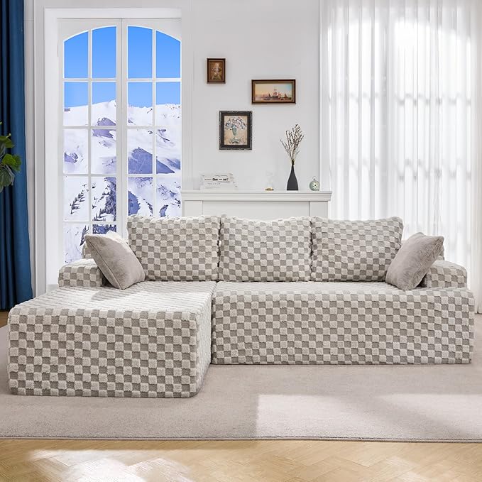 Hobestluk 96“ Modular Sectional Sofa Couches L-Shape Couch 3 Seat Modular Sofa Sectional Couches for Living Room, Cloud Couch with Oversized Chaise (Greygreen, Checked (Left Facing Chaise))-Ruum Studio Home