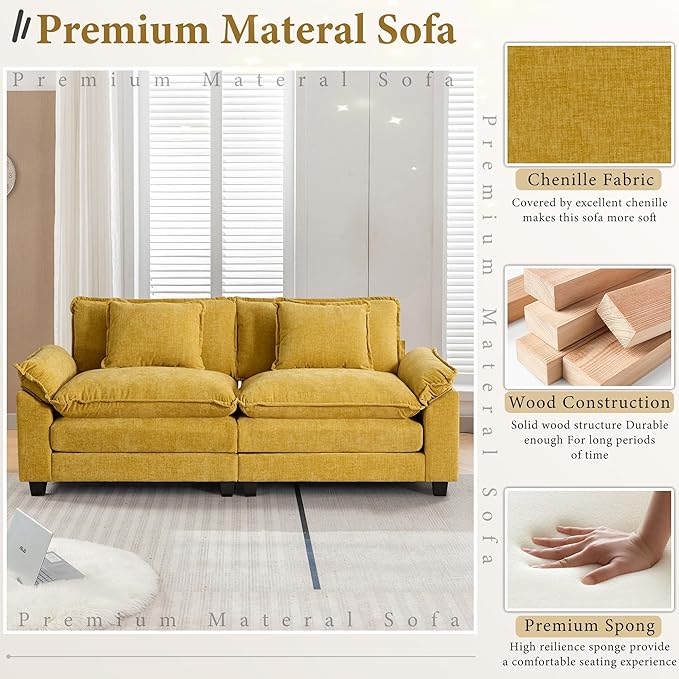 URRED Modular Sectional Sofa Comfy Cloud Couch, Modern Chenille Loveseat Sofa Sleeper Deep Seat Couches with Pillows for Living Room (Yellow, 82.6'')-Ruum Studio Home