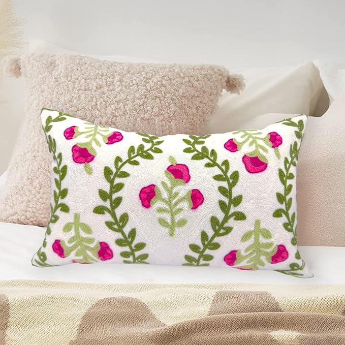 Alysheer Flower Embroidered Summer Decorative Lumbar Throw Pillow Cover 12"x 20", Farmhouse Cottage Hot Pink Floral Green Leaves Patterned Cotton Canvas Cushion Case for Sofa Couch Bed Living Room-Ruum Studio Home