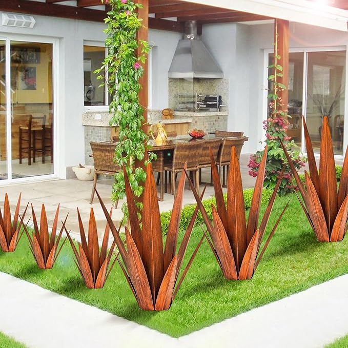 Metal Agave Plants, Tequila Rustic Sculpture, Metal Yard Art, Outdoor Lawn Ornaments Yard Stakes (Rusty- L)-Ruum Studio Home