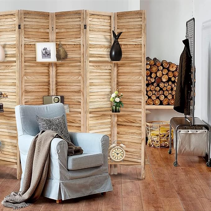 Room Divider with Shelves, Privacy Screen, Room Dividers and Folding Privacy Screens, 5 Panel Wood Temporary Wall Partition Separation Separator, Natural-Ruum Studio Home