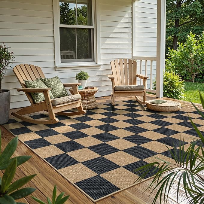 Lahome Checkered Easy Jute Area Rug, 5x7 Outdoor Patio Rug Washable Carpet for Living Room Checkerboard Indoor Outdoor Carpet, Farmhouse Geometric Non Slip Black Mat for Backyard Dining Room-Ruum Studio Home