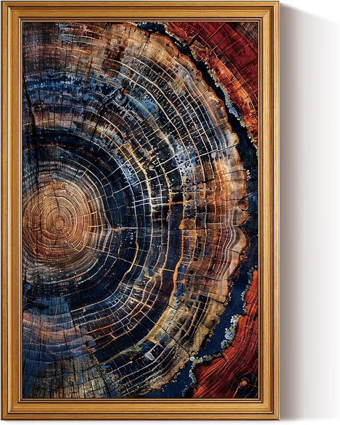 HUARCEY Gold Framed Vintage Wall Deocr for Living Room, Tree Rings Art Abstract Wood Grain Texture Bathroom Art Large Canvas Print Nature Inspired Farmhouse Pictures for Study Office Bedroom 16"x24"-Ruum Studio Home