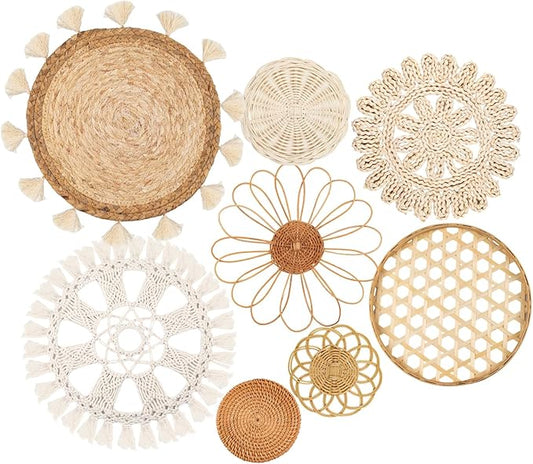 Boho Wall Basket Decor Set of 8 - Flat Woven Basket Wall Hanging Decor,Round Tassels White Macrame Tapestry Wall Decor Art,Handmade Rattan Wicker Seagrass Home Wall Baskets Decor（Boho Classic)-Ruum Studio Home