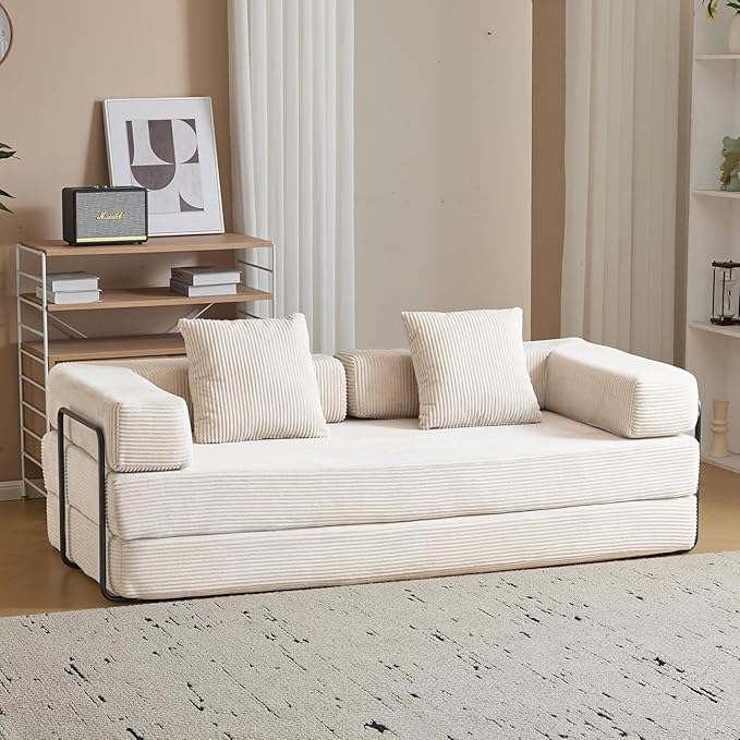 Convertible Sleeper Sofa Bed, Compression Folding Sofa with Pillow, No Assembly Required, Shape Frame, Floor Sofas Lounge Couch for Living Room, Bedroom, Small Spaces(Corduroy, 77''W, Off-white)-Ruum Studio Home