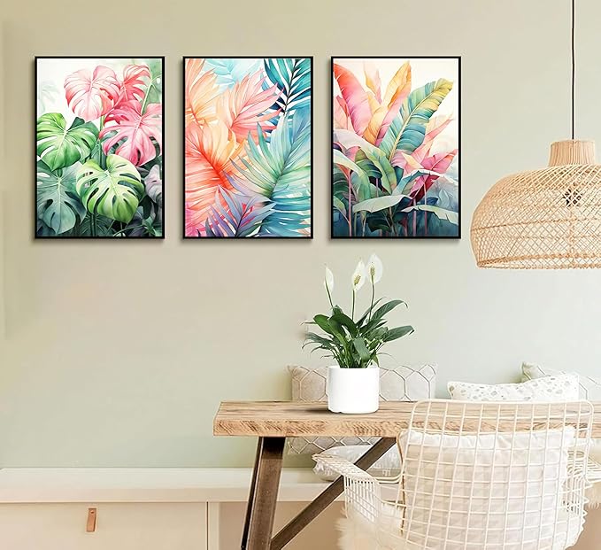 3pcs Tropical Botanical Canvas Wall Art Monstera Leaves Posters Botanical Prints Bohemian style Wall Decor Pictures Palm Leaves Paintings for Bathroom living room Decoration Unframed-Ruum Studio Home