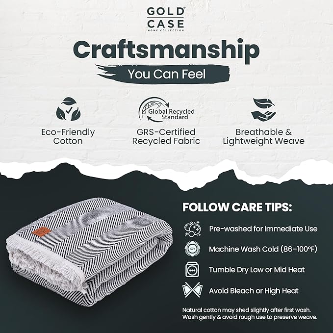 Gold Case Throw Blanket for Bed – 100% Recycled Turkish Cotton Bed Blanket – Decorative Throw Cotton Blankets for Living Room & Bedroom – Elegant Black Woven Queen Blankets – 90x90-Ruum Studio Home