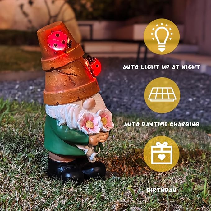 COWOS Garden Gnome Statues Outdoor Decor, Solar Gnomes with LED Lighted Flowers, Solar Resin Outdoor Statue Sculpture, for Woman Gift Home and Garden Decor-Ruum Studio Home