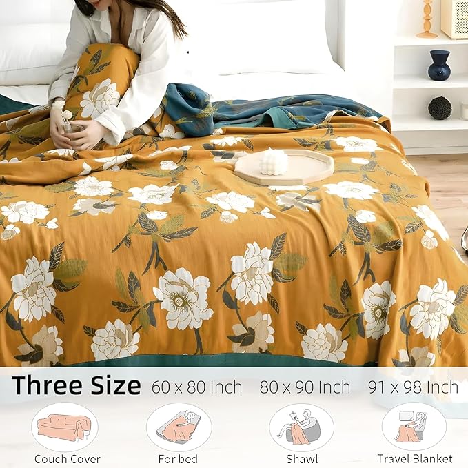 Boho Throw Blanket for Bed - 100% Pure Cotton Ultra Soft Rustic Quilt - Farmhouse Decor Bed Blankets, All Season Rustic Throw for Sofa Couch Chair(91''x 98'', Flower Branch 2)-Ruum Studio Home