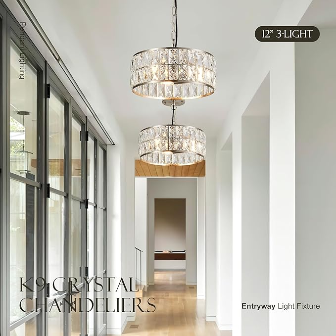 12” 3-Light Modern Crystal Chandeliers Nickel Dinning Room Light Fixture, Round Pendant Light Kitchen Island Chandelier, Flush Mount Ceiling Light for Living Room Entryway Bedroom Foyer-Ruum Studio Home