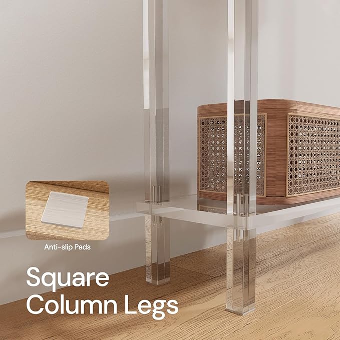 Acrylic Narrow Console Table for Entryway, 7.6" D x 39.4" W x 31.5" H, Square Legs, Skinny Entry Table for Sofa, Foyer, Hallway, Living Room, Modern, 2-Tier, Clear-Ruum Studio Home