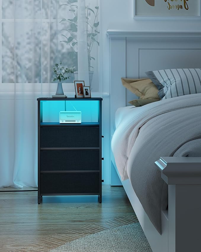 TUTOTAK Narrow LED Night Stand with Charging Station, Slim End Table with Plugins, Tall Side Table with 3 Fabric Drawer, Small Bedside Table with Storage, Set of 2, for Living Room, Black TB01BK073L-Ruum Studio Home