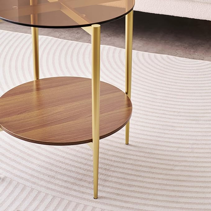 Round Glass End Table, Mid-Century Modern Design Sofa Table for Living Room, D18 x H23, 2-Tier Structure, Amber Glass Top and Walnut Shelf, Sleek Conical Legs with Gold Finish Frame-Ruum Studio Home