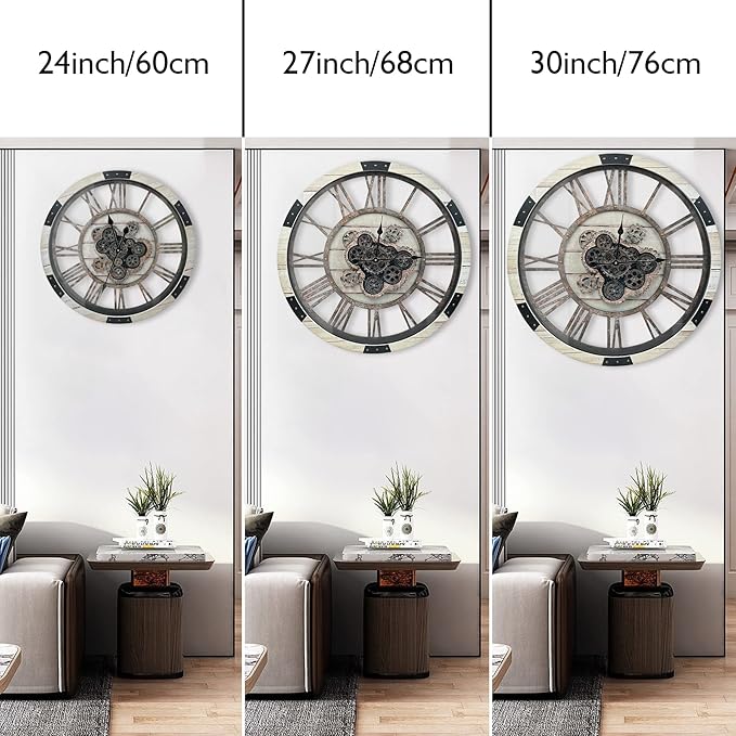 DORBOKER 24" Large Wall Clock with Moving Gears,Oversize Vintage Industrial Rustic Farmhouse Clocks for Living Room Decor Office Home,Solid Wood Retro Metal HD Tempered Glass Cover,Desert Beige-Ruum Studio Home