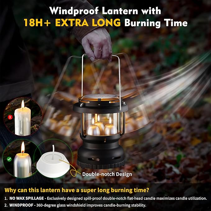 3-Wick Emergency Candle Lantern for Power Outages [18H+ Burning Time] Vintage Decorative Candle Lantern for Real Candles, Outdoor Portable Camping Survival Lighting [7.1"*5.7" - Matte Black]-Ruum Studio Home
