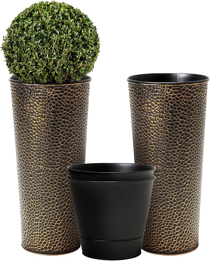 Worth Garden 2-Pack 25" H. Metal Planter with 2X Inside Pots - Hand-Hammered Texture Tall Cone Plant Pots - Large Handcrafted Black Flower Pot for Indoor Outdoor, Deck, Patio, Front Porch (Bronze)-Ruum Studio Home
