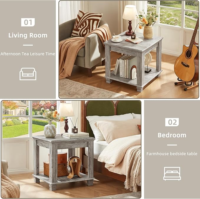 Farmhouse End Table,Large Side Table with 2-Tier Storage Shelf,Rustic Wood End Tables for Living Room,Square Tea Table,Gray-Ruum Studio Home
