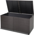 HAPPYGRILL 175 Gallon Outdoor Rattan Deck Box, Wicker Storage Bin with Zippered Liner & 2 Universal Wheels, Safe Pneumatic Rod, Patio Rattan Storage Container for Cushions Pillows-Ruum Studio Home