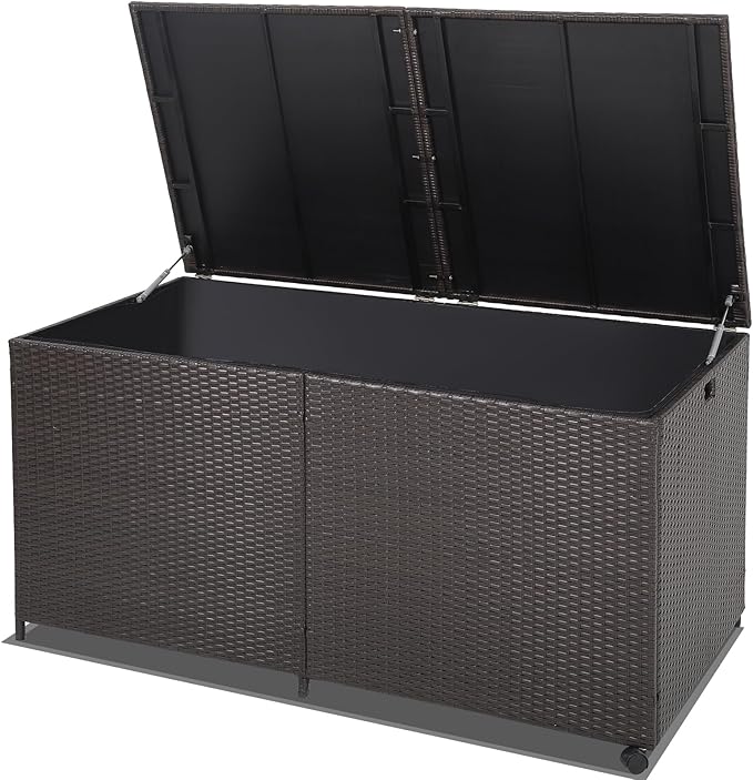 HAPPYGRILL 175 Gallon Outdoor Rattan Deck Box, Wicker Storage Bin with Zippered Liner & 2 Universal Wheels, Safe Pneumatic Rod, Patio Rattan Storage Container for Cushions Pillows-Ruum Studio Home
