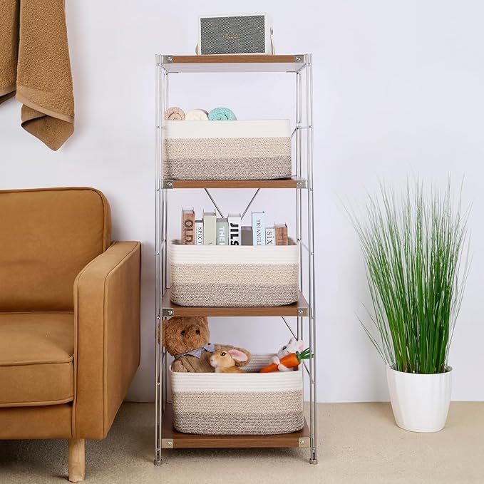 Large Storage Baskets for Organizing, Closet Shelf Baskets for Clothes Blanket Towels, Baby Nursery, Toy Bins Box, Woven Rope Baskets, 17 x 13 x 7.5”, 4 Packs Gradient Brown-Ruum Studio Home