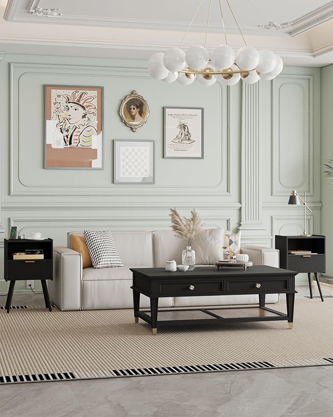 Nightstand,Modern Bedside Table with Storage Drawer and Open Wood Shelf, Accent Night Stand with Solid Wood Legs for Living Room, Bedroom and Small Spaces,Easy Assembly (Black-Outlet)-Ruum Studio Home