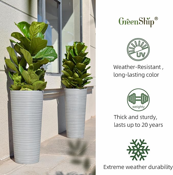 GreenShip 27" Tall Planters, Set of 2 – Black Outdoor Planter for Front Porch & Tall Plants, Weather-Resistant, with Drainage Hole & Rubber Plug (No Plants Included) (Light Gray)-Ruum Studio Home