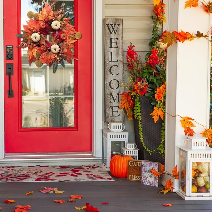 Fall Wreaths for Front Door, DECSPAS 21" Fall Wreath with Maple Leaves Pumpkin Berries, Autumn Decorations for Home, Artificial Harvest Door Wreath Outside, Window, Wall, Fireplace, Thanksgiving Decor-Ruum Studio Home