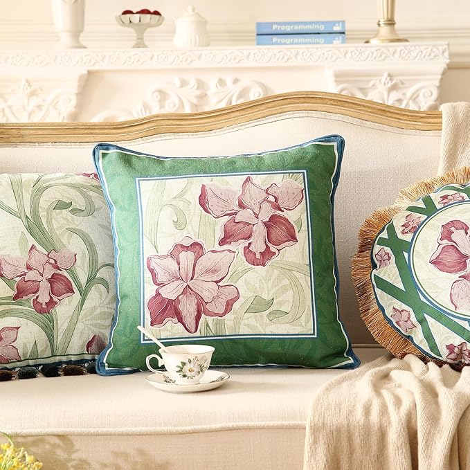 patdrea Designer Throw Pillow Covers Set of 4,French Elegant Green Linen with Iris Floral Collection Pattern Pillow Covers,Decorative Lumbar Square Round Pillowcases Cushion for Bed Living Room-Ruum Studio Home
