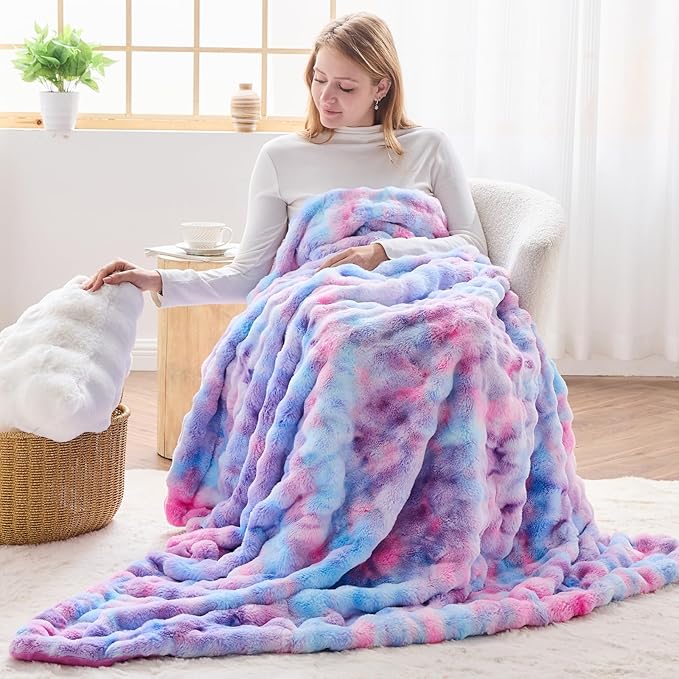 NEWCOSPLAY Faux Fur Twin Blanket Purple Rainbow Luxury Fluffy Thick Warm Bubble Blanket for Couch Sofa Bed 700GSM (Purple Rainbow, Twin(60"x80"))-Ruum Studio Home
