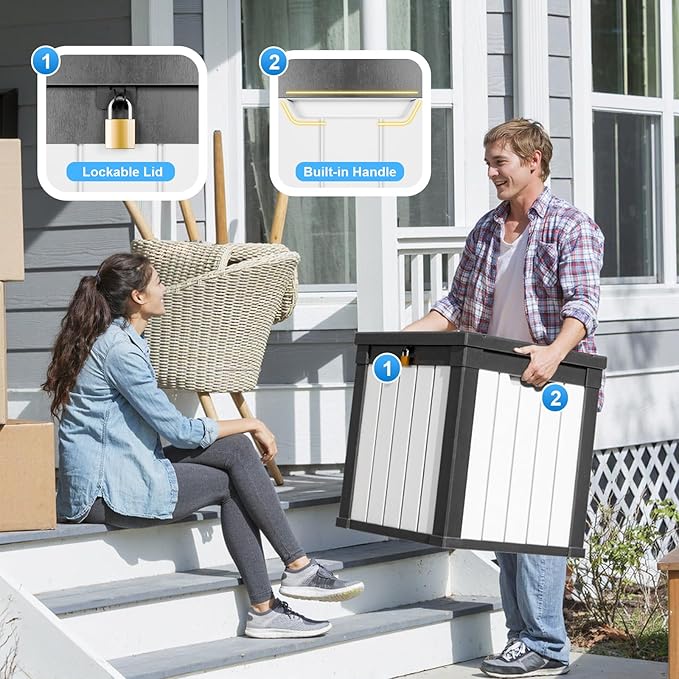 50 Gallon Deck Box Large Outdoor Storage for Patio Furniture,Outdoor Cushions,Garden Tools and Pool Supplies,Waterproof,Resin,Lockable(Black&White)-Ruum Studio Home