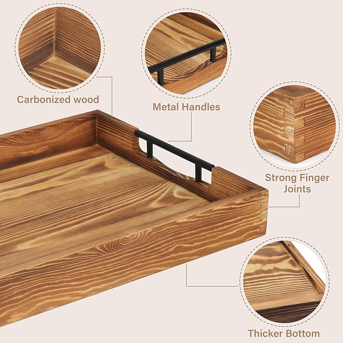 LotFancy Large Ottoman Tray for Living Room, 17x13'' Wood Serving Tray with Handles, Home Décor for Coffee Table, Sofa, 2 Skidproof Coasters Included-Ruum Studio Home