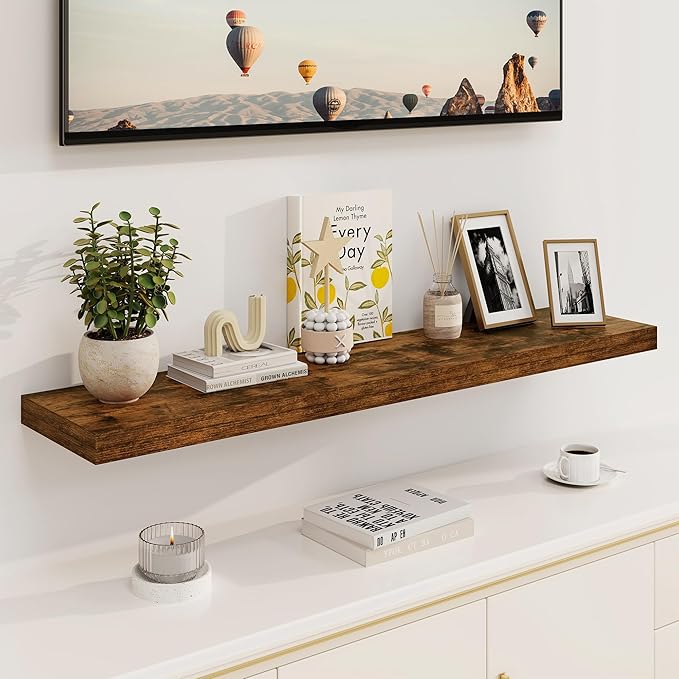 Fun Memories Floating Shelves, 8 Inch Deep Floating Shelves, Rustic Wood Fireplace Mantel 48 in Long, 48 x 8 Floating Wall Shelves for Living Room, Kitchen, Bedroom, Rustic Brown, 1 Pack-Ruum Studio Home