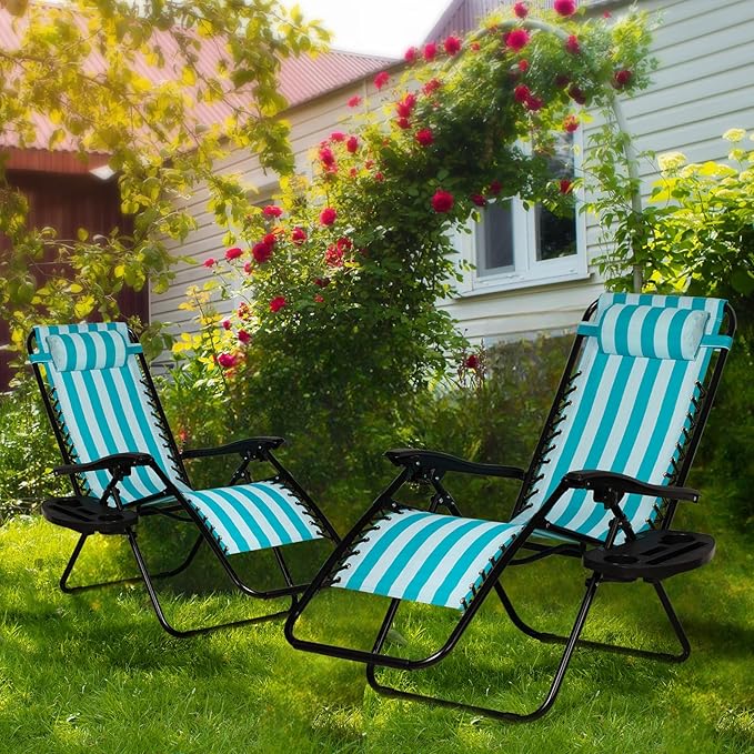 Nazhura Set of 2 Relaxing Recliners Patio Chairs Adjustable Steel Mesh Zero Gravity Lounge Chair Beach Chairs with Pillow and Cup Holder (Light Blue Stripe)-Ruum Studio Home