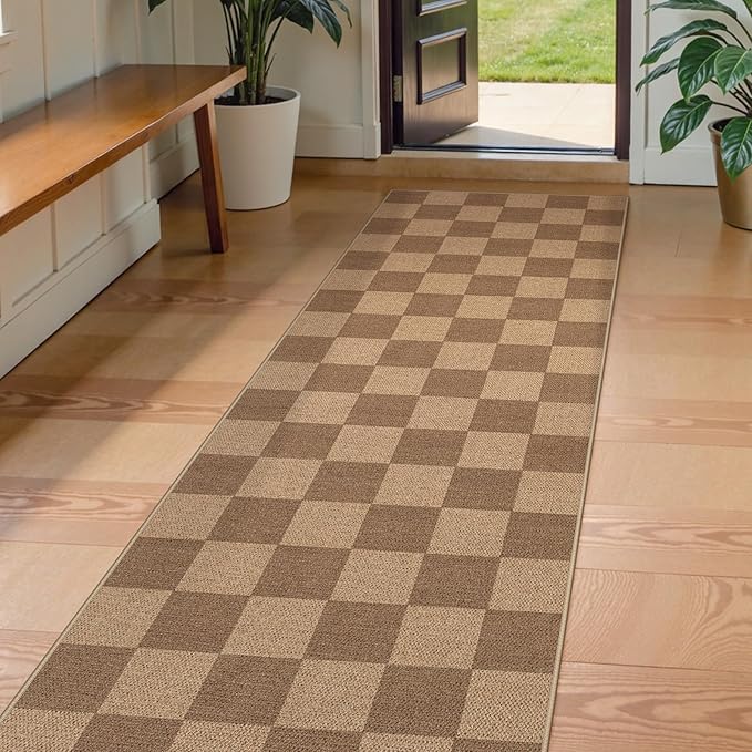 Lahome Checkered Easy Jute Kitchen Runner, 2x8 Washable Indoor Outdoor Runner Rug, Checkerboard Non Slip Non Shedding Neutral Carpet for Hallway Entryway Foyer-Ruum Studio Home
