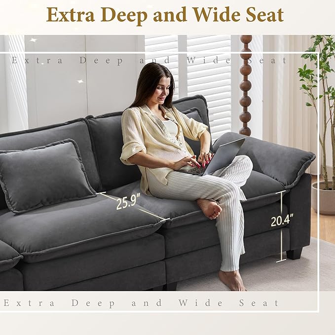 URRED Modular Sectional Sofa Comfy Cloud Couch, Modern Velvet Sofa Sleeper Deep Seat Couches with Ottoman/Pillows for Living Room (Dark Gray, 117''- L Shape)-Ruum Studio Home