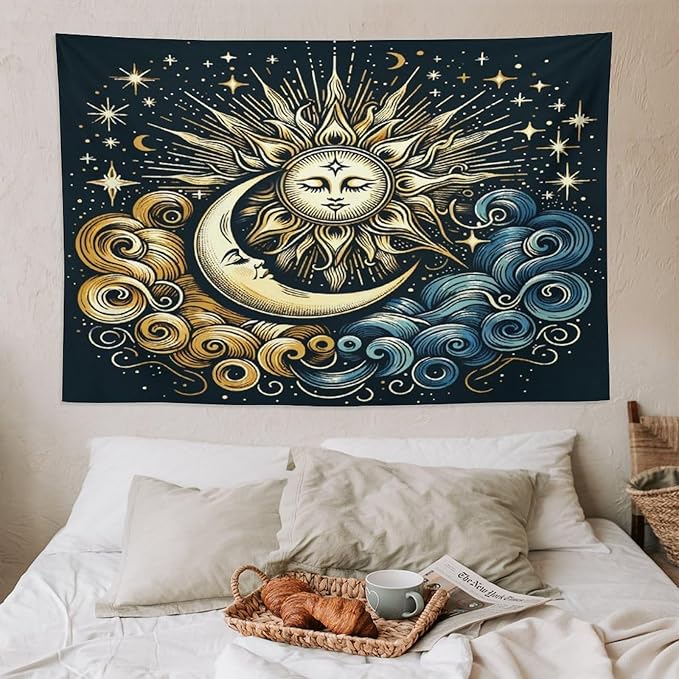 HZOHNAGO Sun Moon Tapestry Boho Golden Stars Pattern Printed Wall Tapestry Wall Hanging for Bedroom Living Room Dorm 90" W x 60" H-Ruum Studio Home