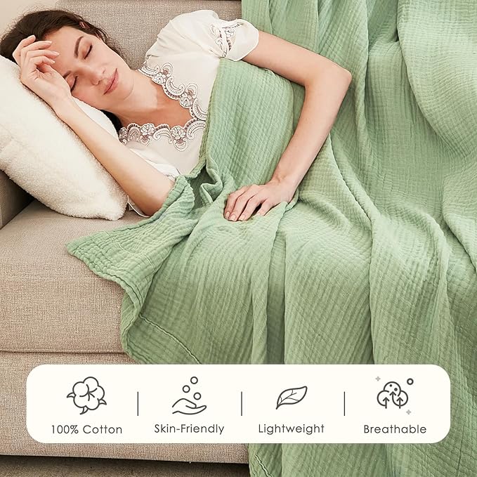 EMME Cotton Blanket Twin XL for Bed Soft Muslin Blankets 66"x90" Lightweight Breathable Layering Bedspread Coverlet All Season Gauze, Sage Green-Ruum Studio Home