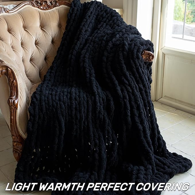 Chunky Knit Blanket - Luxury Soft Cozy 50 * 60 Throw Blanket,100% Woven Blanket Rope Knot Throw Blanket for Couch, Sofa, Home Decor, Gift - Machine Washable（Black）-Ruum Studio Home