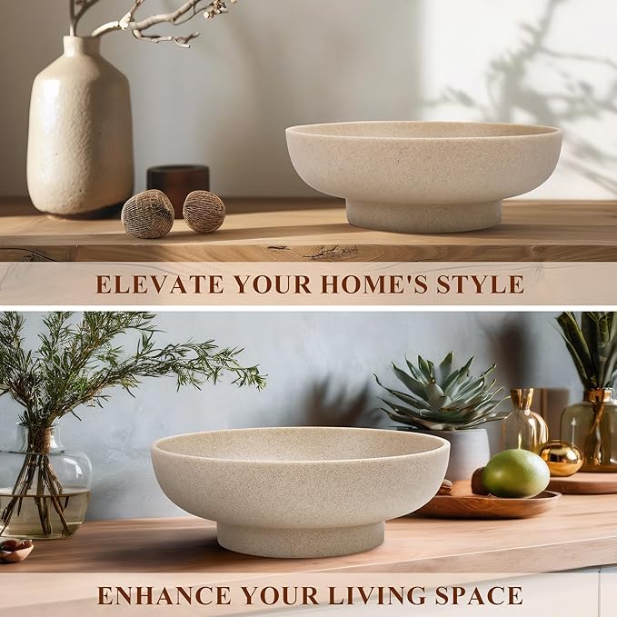 Large Decorative Bowl, Modern Handicraft Resin Bowls for Home Decor, Decorative Fruit Bowl for Kitchen Counter, Stylish Key Bowl for Entry Table, Artificial Stone Resin Beige-Ruum Studio Home