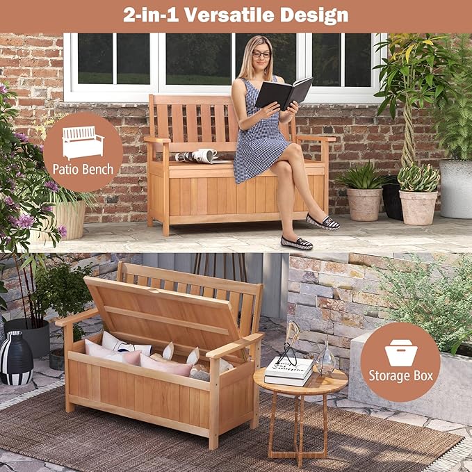 Tangkula 48 Inch Outdoor Wood Storage Bench Deck Box, Wooden Storage Loveseat with 34.2 Gal Inner Space, Entryway Bench Deck Box with Slatted Backrest, Storage Seat for Garden, Lawn, Balcony & Porch-Ruum Studio Home