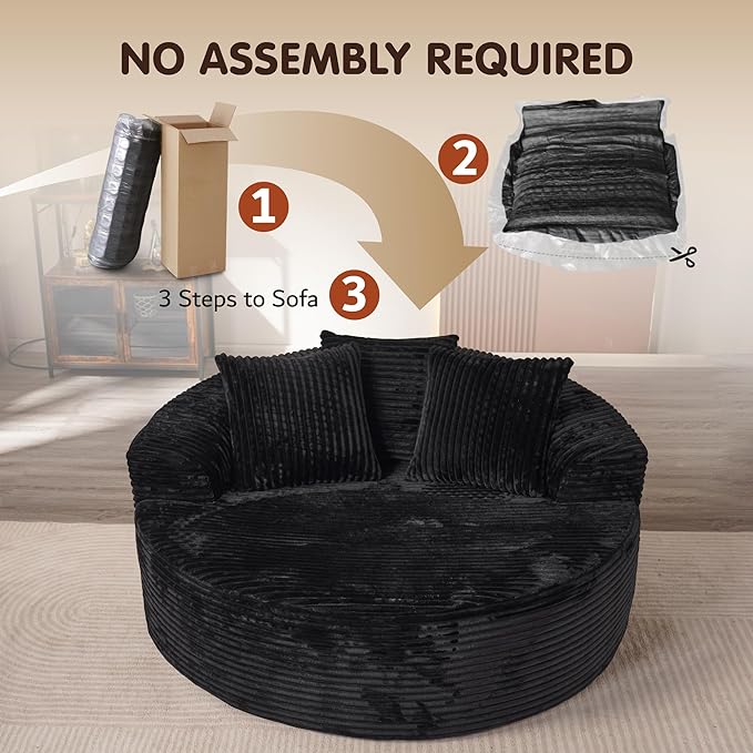 ovios 58" Oversized Round Chair Lounge Chaise Indoor, No Assembly Required, Cloud Large Circle Chair with Plush Fuax Fur, Fluffy Modern Sleeper Sofa Bed for Reading Yoga, Black (Plush Corduroy Fabric)-Ruum Studio Home